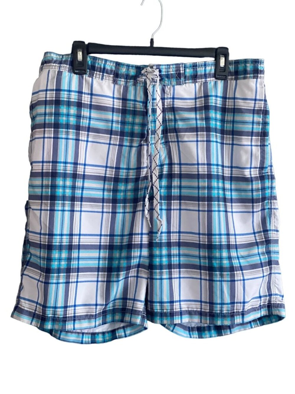 Merona Swim Trunks Board Shorts White Blue Plaid Men L